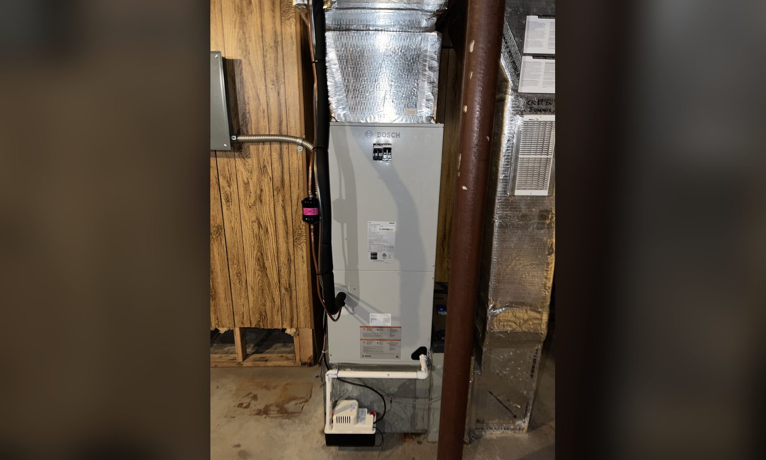 Bosch air handler and insulated ductwork installed by Unity Heating & Air Conditioning